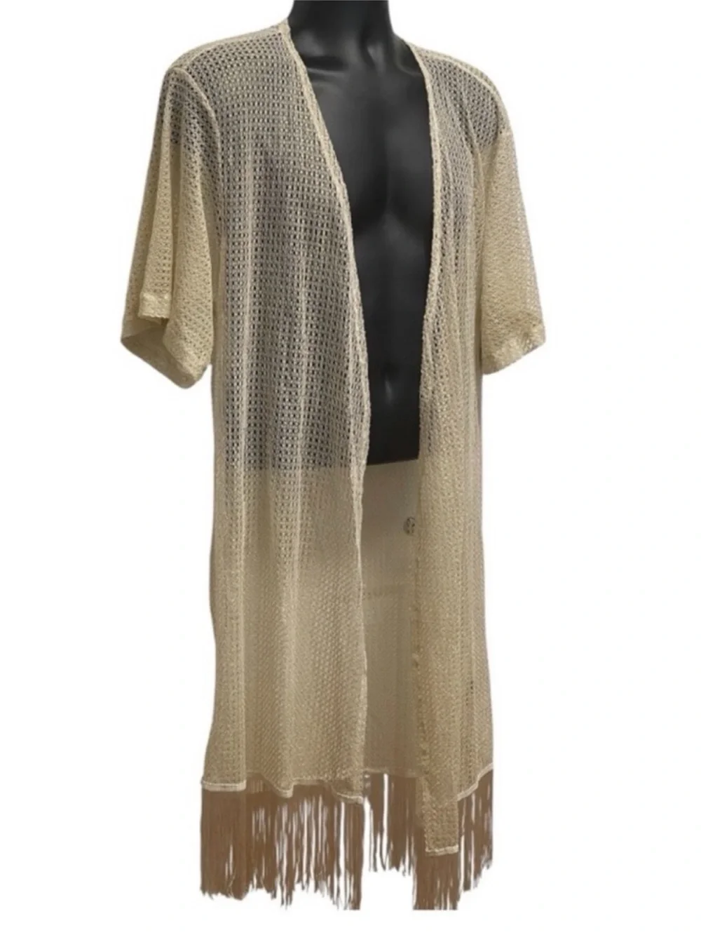 Cream Crochet Swim Cover Up Fringe Kimono Boho Resort OS